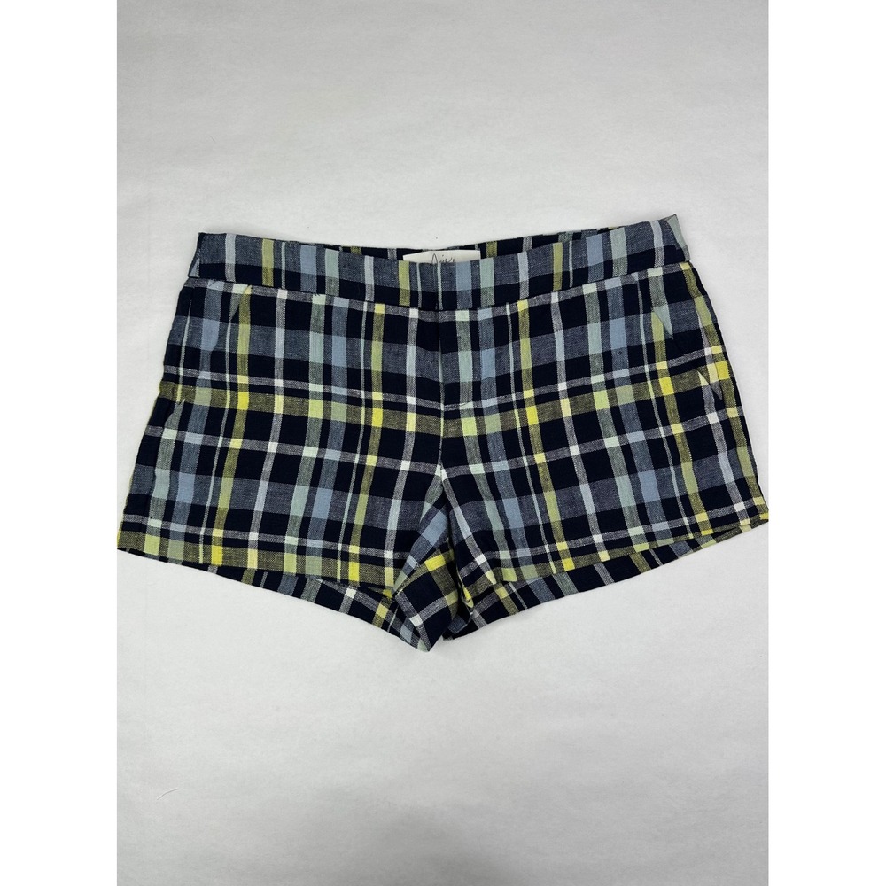 Joie Womens Plaid Linen Shorts Navy Blue Yellow Check Size 2 1926-6493